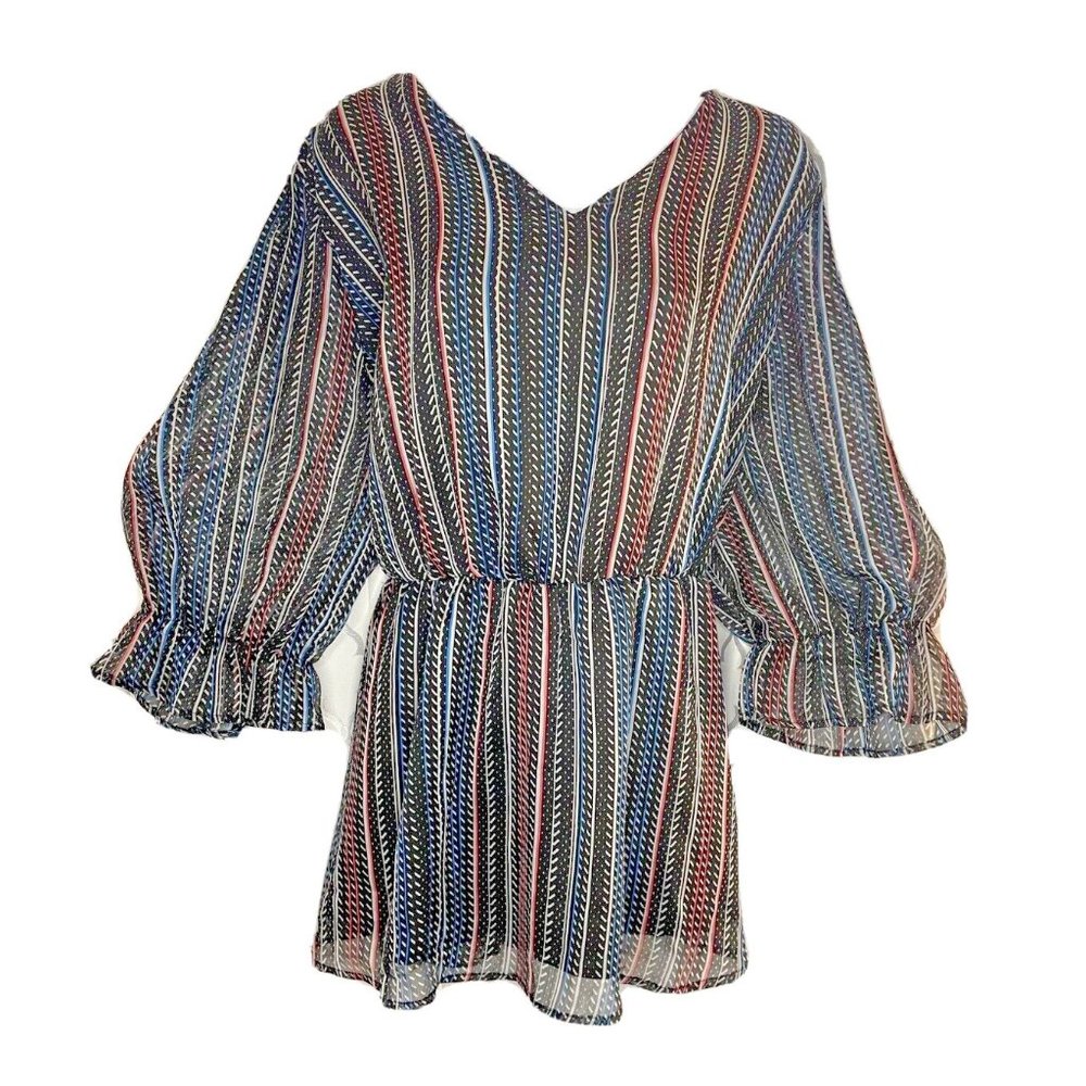 NWT Plus Stripped Ruffles 3/4 Puff Sleeve Flutter Blouse Size 26 Blue/Rose Pink